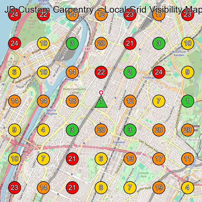 JD Custom Carpentry Cabinet Maker GeoGrid ranking map for Bronx NY